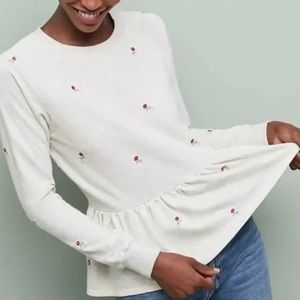 ANTHROPOLOGIE t.la Ivory Rose Embroidered Peplum Shirt S